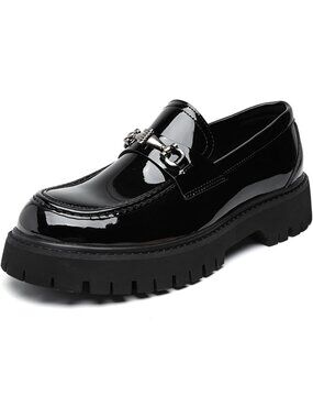 Men’s Black Patent Leather Platform Loafers Non Slip Casual Dress Shoes